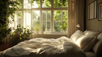 38.A cozy bedroom with a double bed neatly made with white pillowcases and soft duvets, layered with decorative cushions, and illuminated by soft natural light streaming through large windows.