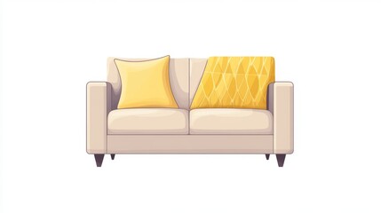 65.A contemporary living room view with a minimalist throw pillow placed on a neutral-toned sofa, alongside a sunny yellow throw blanket creating a cheerful ambiance.