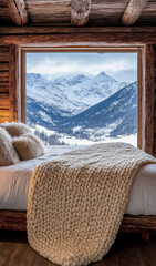 "A cozy king-size bed draped in a thick ivory wool blanket with braided patterns. The bed is adorned with faux fur pillows and set in a rustic wooden chalet with large windows overlooking snow-covered