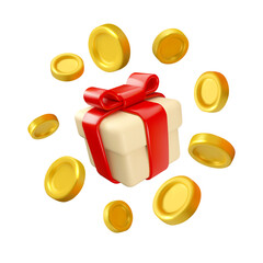 Vector 3d gift box with gold coins. Golden coins flying around simple shiny present with red ribbon. Reward bonus concept isolated.