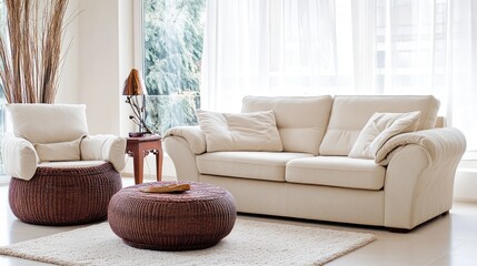 Fototapeta premium A cozy modern living space with a light color scheme, sleek furniture, and elegant finishing touches.