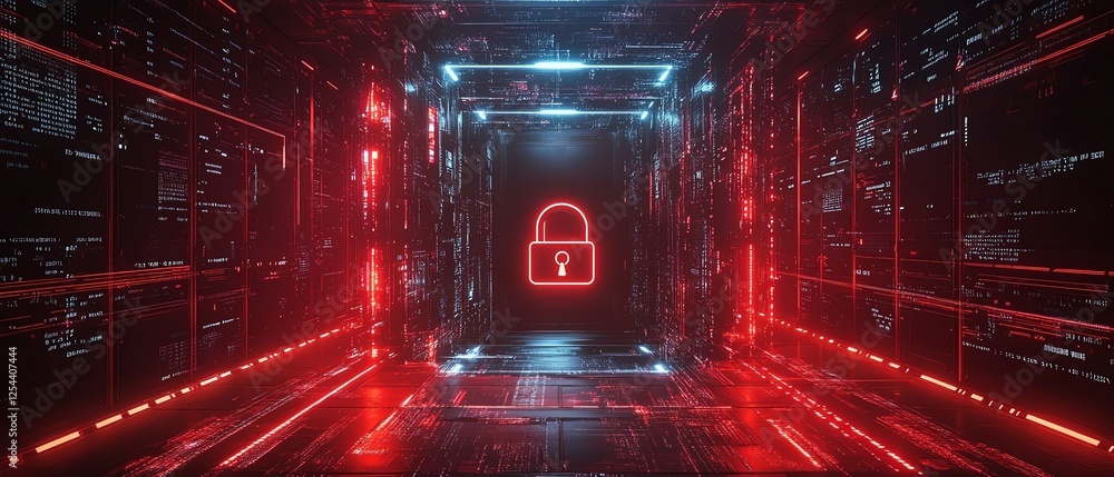 Poster server rack with padlock, surrounded by cloud and password symbols, digital security protection, cyb