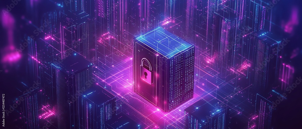 Poster server rack with padlock, surrounded by cloud and password symbols, digital security protection, cyb