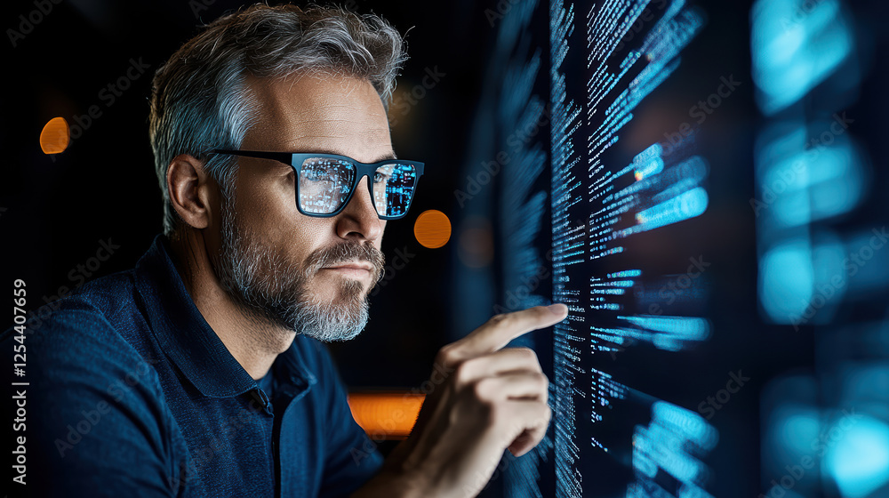 Poster focused man analyzing data on digital screen with glasses