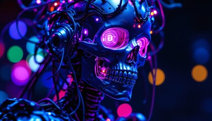 Fototapeta premium Cybernetic Skull Robot Neon Lights Digital Art