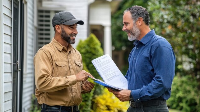 Homeowner reviewing residential HVAC system options with a technician