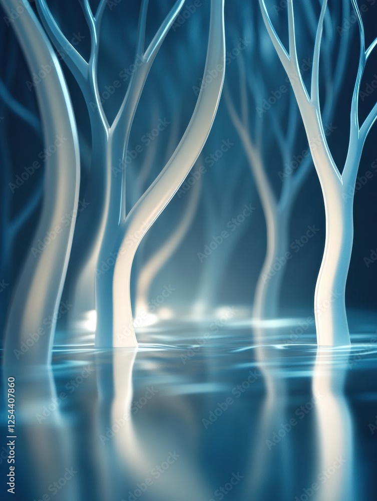 Poster glowing abstract trees in a mystical glass forest creating enchanting reflections at dusk. generativ