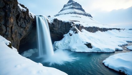 A frozen waterfall cascading down a rocky cliff, snowy mountainsides, frozen landscape