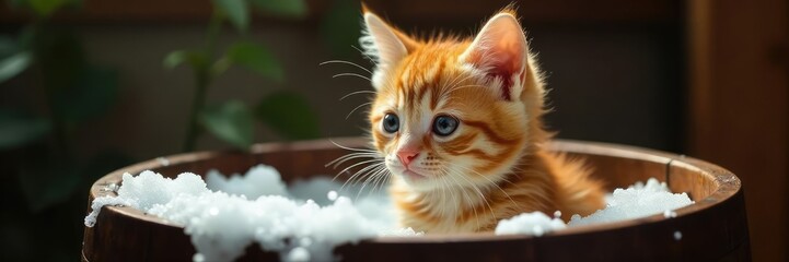 A ginger kitten taking a bath with soap bubbles in barrel, soap, ginger