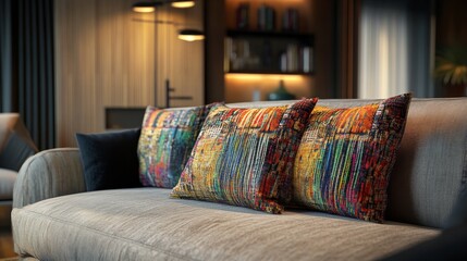 84.A chic home interior featuring a sofa adorned with a colorful throw pillow in abstract patterns, harmonizing with complementary decor pieces and ambient lighting.