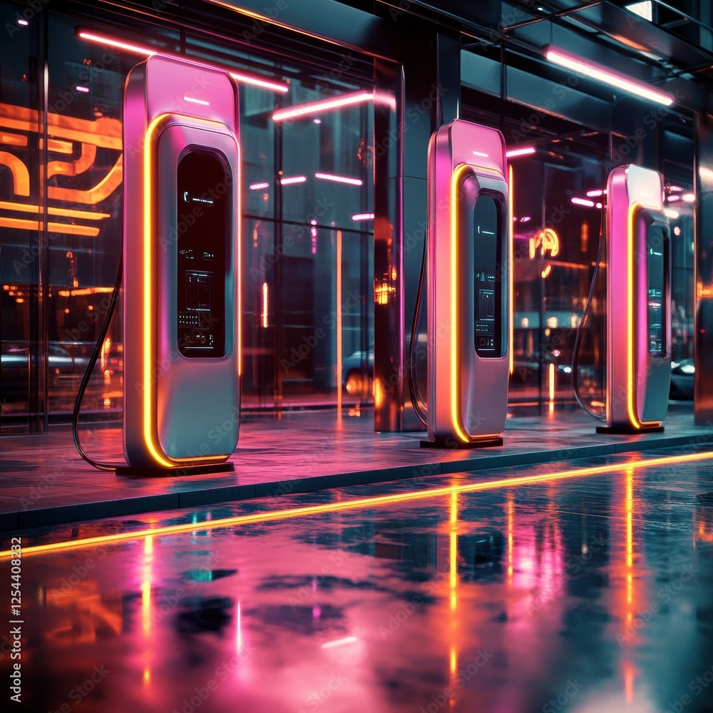 Poster futuristic ev charging station illuminated with neon lights in a high tech urban environment at nigh