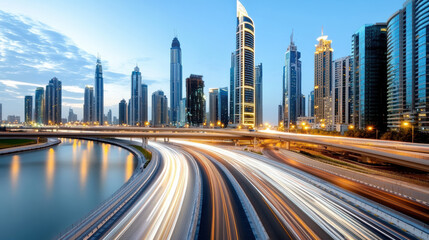 Obraz premium vibrant city skyline at dusk with illuminated buildings and flowing traffic