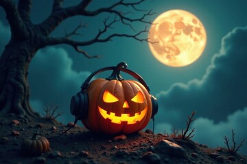 Spooky Season Soundscape A Jack-o'-lantern Enjoys an Eerie Nighttime Melody Under a Full Moon
