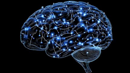 Digital brain with circuitry and data flow illustrating AI