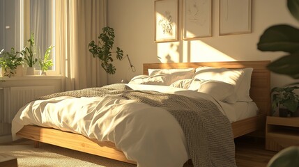 29.A Scandinavian-style bedroom showcasing a wooden bed with clean white bedding, a minimalist blanket, and soft pillows, framed by earthy decor and sunlight streaming in.
