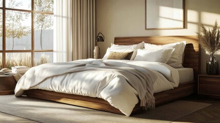 29.A Scandinavian-style bedroom showcasing a wooden bed with clean white bedding, a minimalist blanket, and soft pillows, framed by earthy decor and sunlight streaming in.