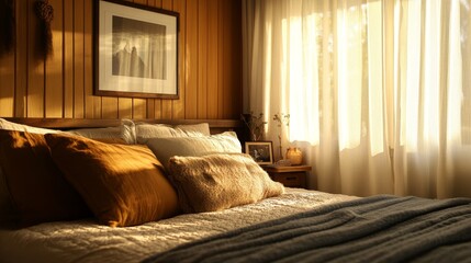 5.A bright and airy bedroom showcasing a king-size bed adorned with fluffy pillows in earthy tones, a rustic wooden bedside table with a candle and framed photo, and sunlight streaming through sheer