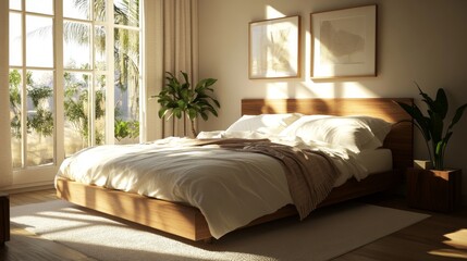 29.A Scandinavian-style bedroom showcasing a wooden bed with clean white bedding, a minimalist blanket, and soft pillows, framed by earthy decor and sunlight streaming in.