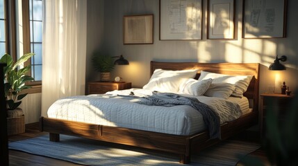 25.Wooden bed with soft white mattress, blanket, and pillows in cozy room interior