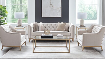 A minimalist luxury living room with elegant decor, a neutral color palette, and metallic accents.