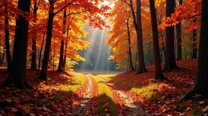 Obraz premium Autumnal Path Through a Sun-Drenched Forest of Vibrant Red and Gold Leaves