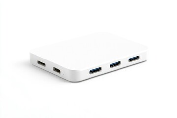 Sleek white USB hub with multiple ports on a clean surface, ideal for tech enthusiasts