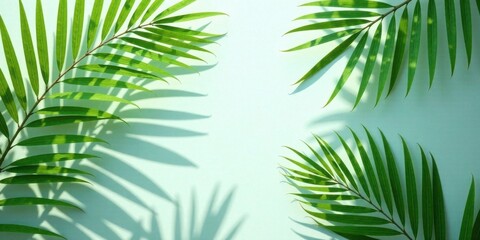 Obraz premium Serene Palm Fronds Cast Shadows on a Soft Green Background, Creating a Peaceful and Relaxing Tropical Vibe, Perfect for Summer Designs and Nature-Inspired Projects