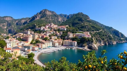 Obraz premium Breathtaking view of Positano town with lush lemon groves overlooking the coast of Italy, destination, scenic, coast