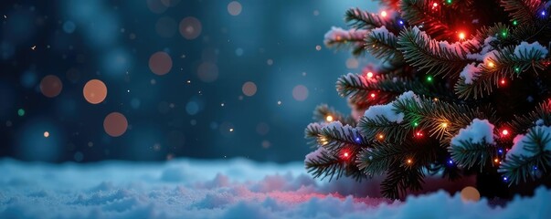 Christmas tree with colorful twinkling lights, snowy background, decorated tree