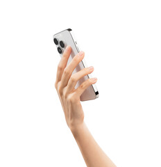 Hand holding back of the smartphone on isolated white background.