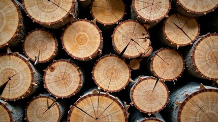 Intricate Wooden Cross-Sections of Sawn Tree Trunks, Arranged in a Tight and Symmetrical Pattern, Showing Detailed Growth Rings and Natural Textures