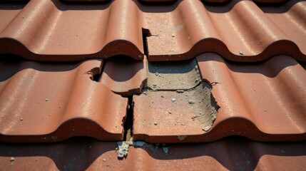Close-up view of damaged clay roof tiles showing significant cracks and deterioration, requiring immediate repair to prevent further water damage and structural compromise