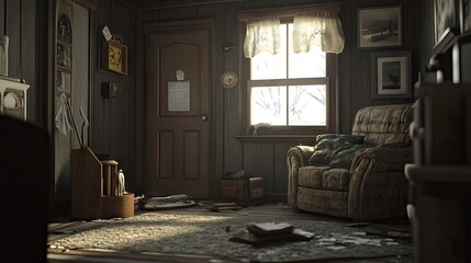 Fototapeta premium A perfectly arranged minimalist living room with a muted color scheme, cozy furniture, and wooden accents.