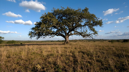 Lone oak tree in savanna, sunny day, landscape
