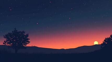 Fototapeta premium Serene Sunset Landscape With Starry Night Sky
