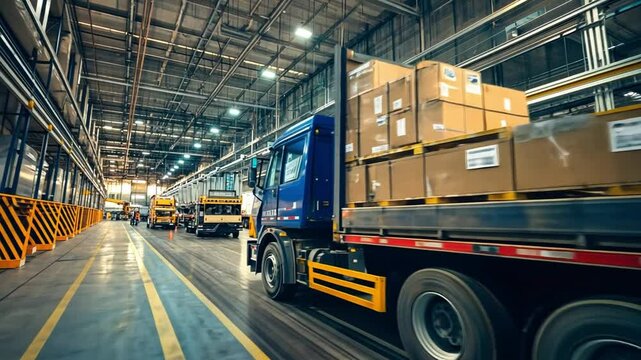 Logistics Hub: A line of semi-trucks in a warehouse, loaded with cardboard boxes, ready for shipping.  The image captures the efficiency and scale of modern logistics. 