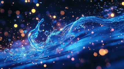 Fototapeta premium A dynamic water splash frozen mid-air with tiny air bubbles rising through the vibrant blue surface, creating a refreshing scene.