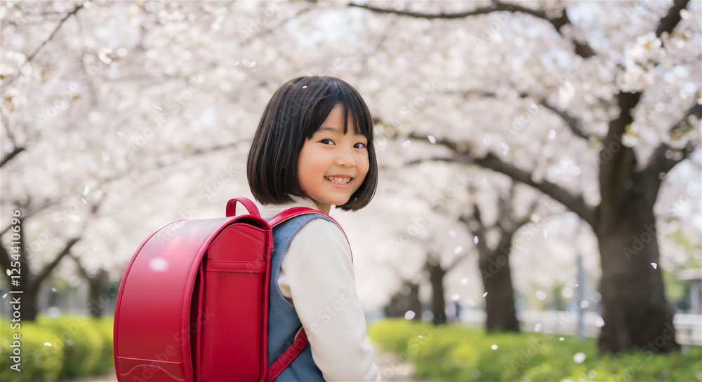 Wall mural 桜の下でランドセルを背負った小学生