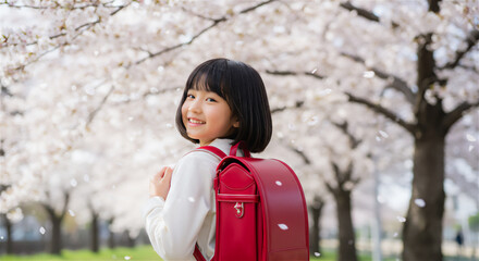 桜の下でランドセルを背負った小学生