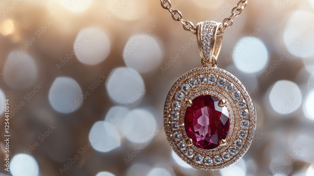 Poster close up of a ruby pendant rich red hue with brilliant gold chain and bokeh background an expensive 