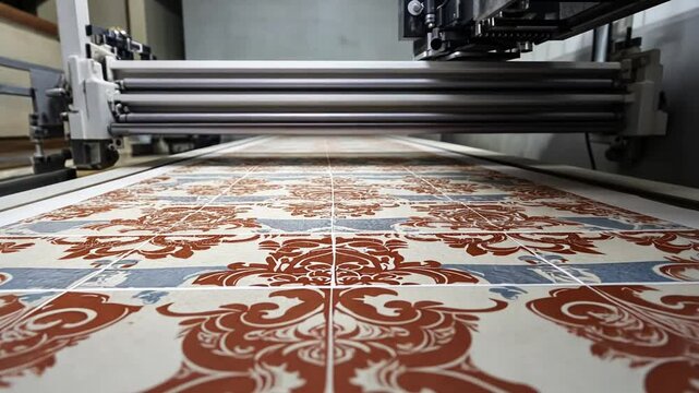 Intricate Textile Printing: Close-up view of a textile printing machine in action, showcasing the intricate process of transferring a beautiful damask pattern onto fabric.