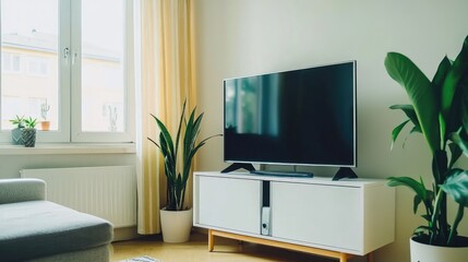 A small but functional minimalist living room featuring a sleek TV stand, a cozy couch, and neutral decor.