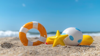 Obraz premium Beach toys on sandy shore, summer vacation fun, sunny day