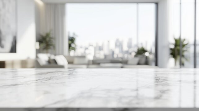 Marble table, city view, modern apartment, product display