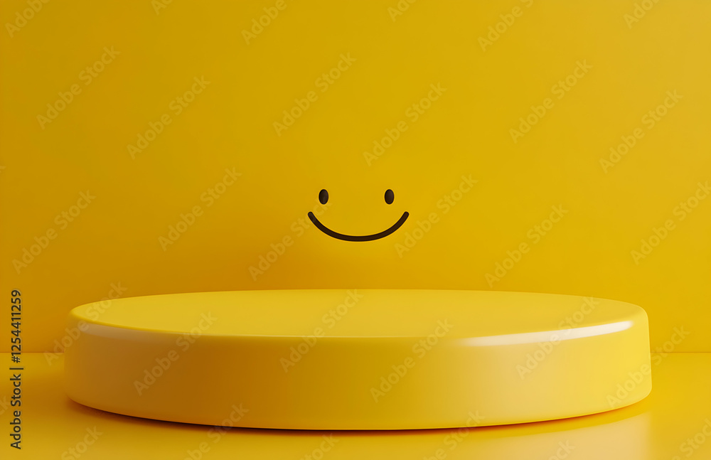 Poster cheerful yellow display podium with a smile backdrop, creating a positive space for showcasing produ