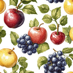 Fruit pattern with apples, grapes and cherries. Watercolor illustration.