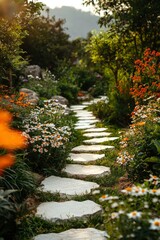 Obraz premium Serene garden pathway lined with vibrant flowers, leading to a lush green backdrop under soft sunlight