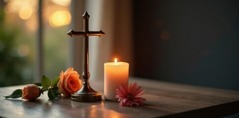 Elegant metal cross with candle on a modern table top, sophisticated, candle, modern