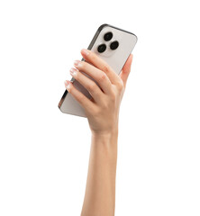 Hand holding back of the smartphone on isolated white background.