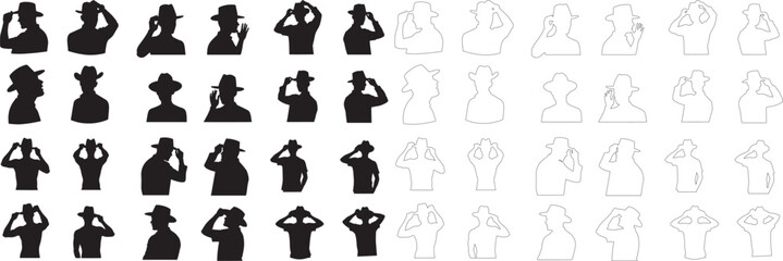 Silhouette set of Men Saluting in Hats icon vector art illustration with white background